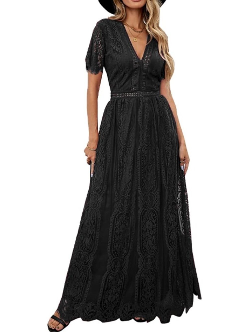 Black Lace-Style Boho Maxi Dress